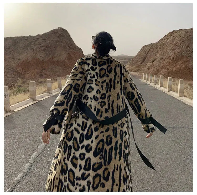 Women Long Leopard Print Fluffy Faux Fur Trench Coat