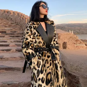 Women Long Leopard Print Fluffy Faux Fur Trench Coat
