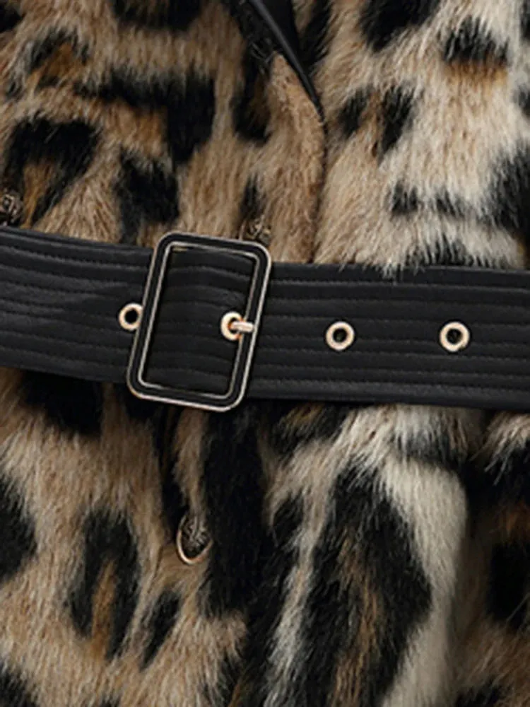 Women Long Leopard Print Fluffy Faux Fur Trench Coat