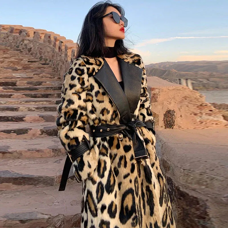 Women Long Leopard Print Fluffy Faux Fur Trench Coat