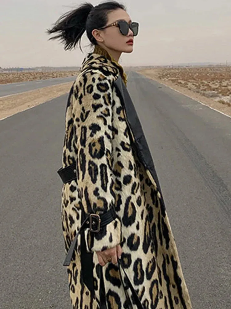 Women Long Leopard Print Fluffy Faux Fur Trench Coat