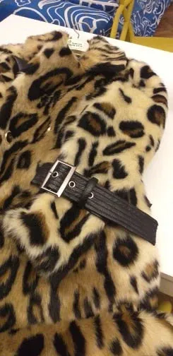 Women Long Leopard Print Fluffy Faux Fur Trench Coat