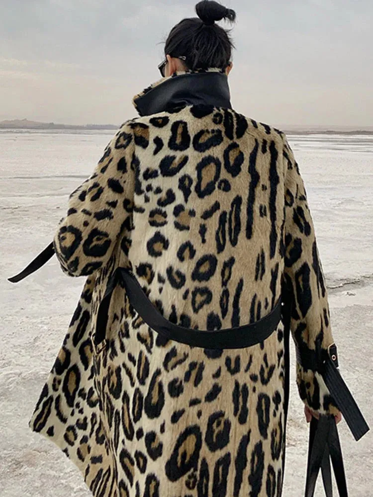 Women Long Leopard Print Fluffy Faux Fur Trench Coat