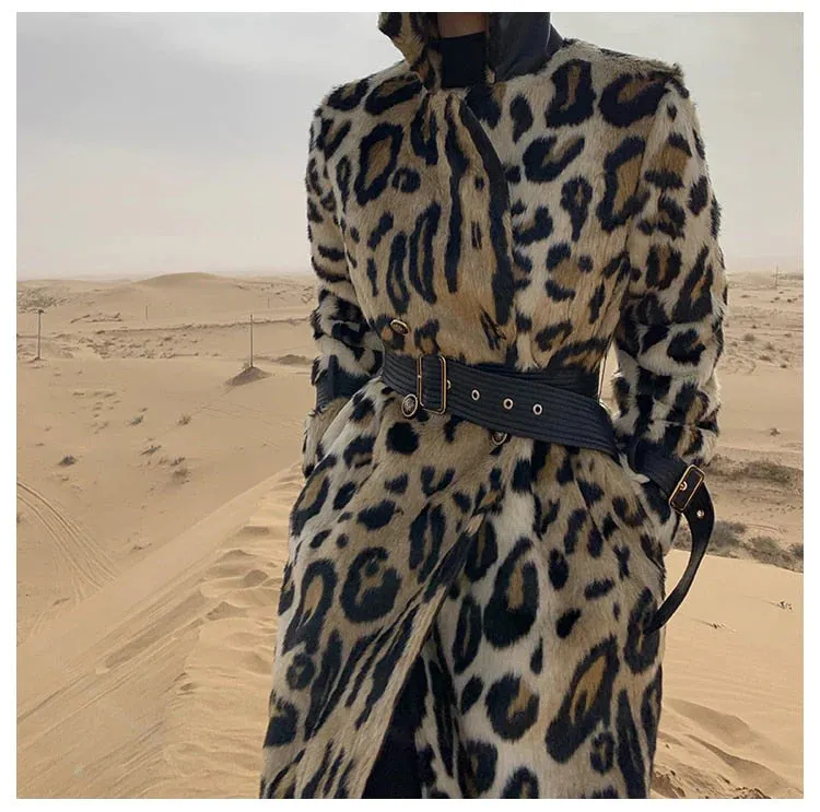 Women Long Leopard Print Fluffy Faux Fur Trench Coat