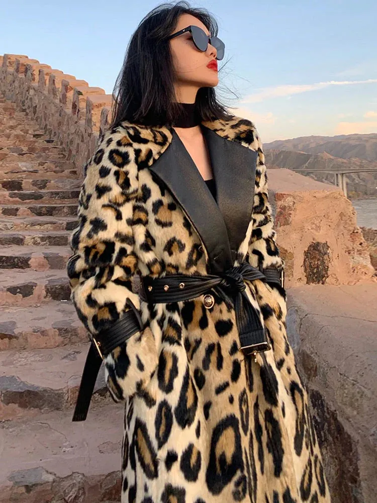 Women Long Leopard Print Fluffy Faux Fur Trench Coat