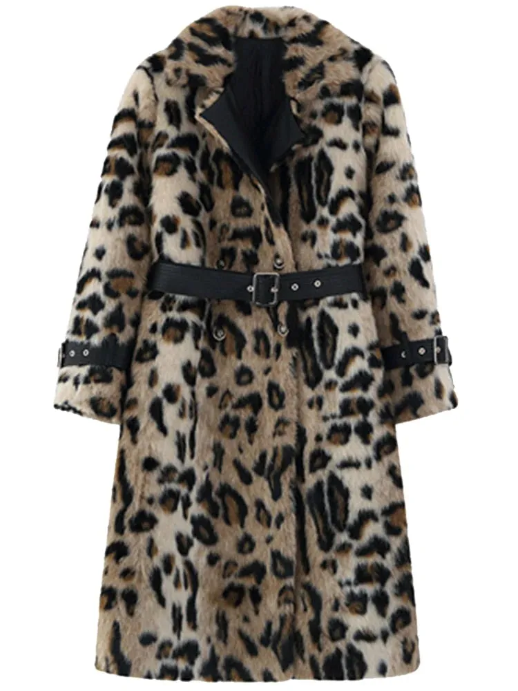 Women Long Leopard Print Fluffy Faux Fur Trench Coat