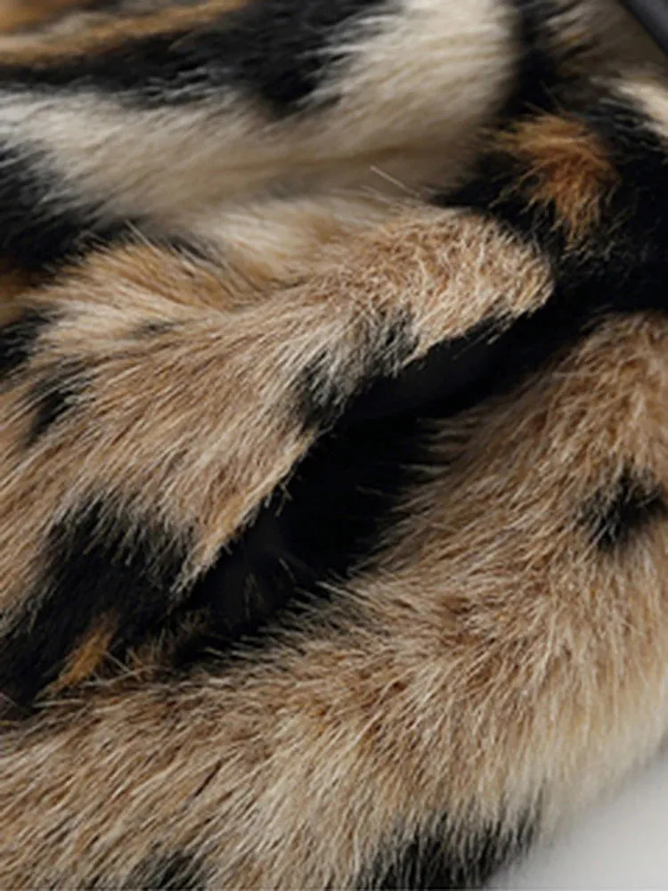 Women Long Leopard Print Fluffy Faux Fur Trench Coat