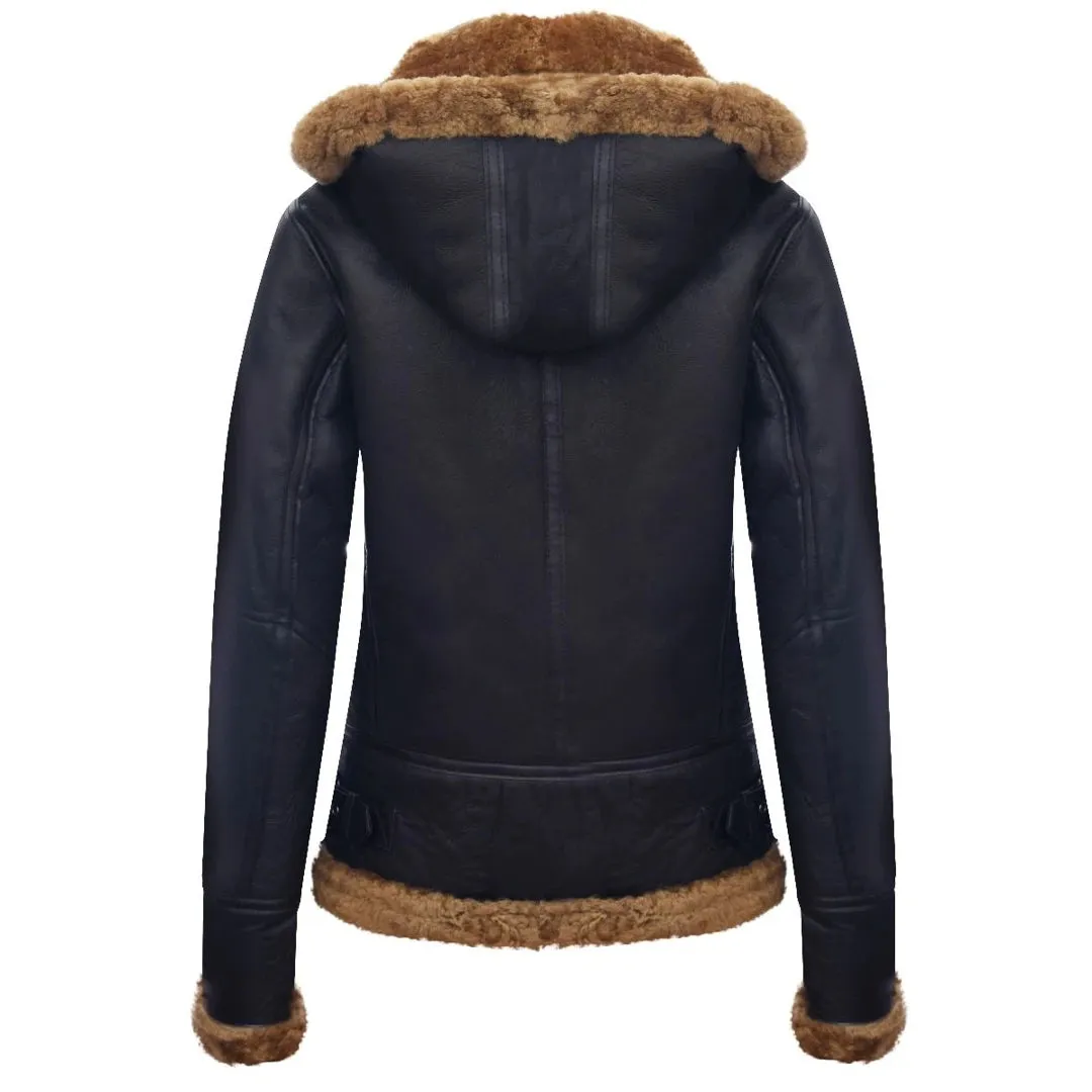 Women's Aviator New Ginger Women's Hooded Shearling Sheepskin Leather Jacket