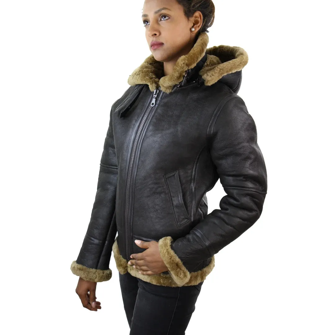 Women's Aviator New Ginger Women's Hooded Shearling Sheepskin Leather Jacket